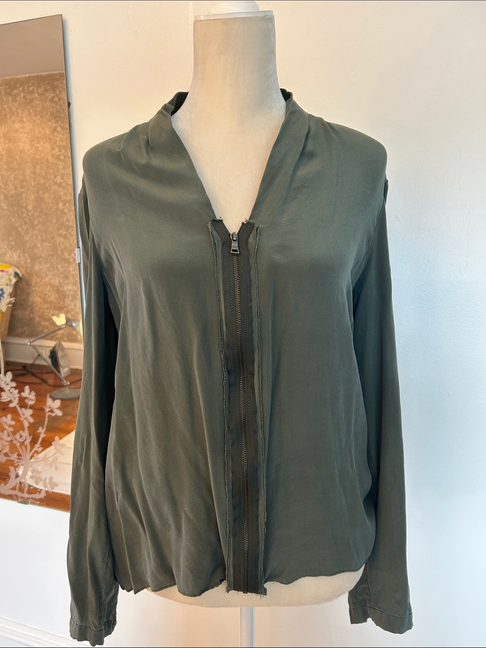 Tahari Olive Green Zip-Front Top